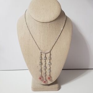 Sterling Silver Three Strand Pink Butterfly Rhinestone Necklace Made in Italy